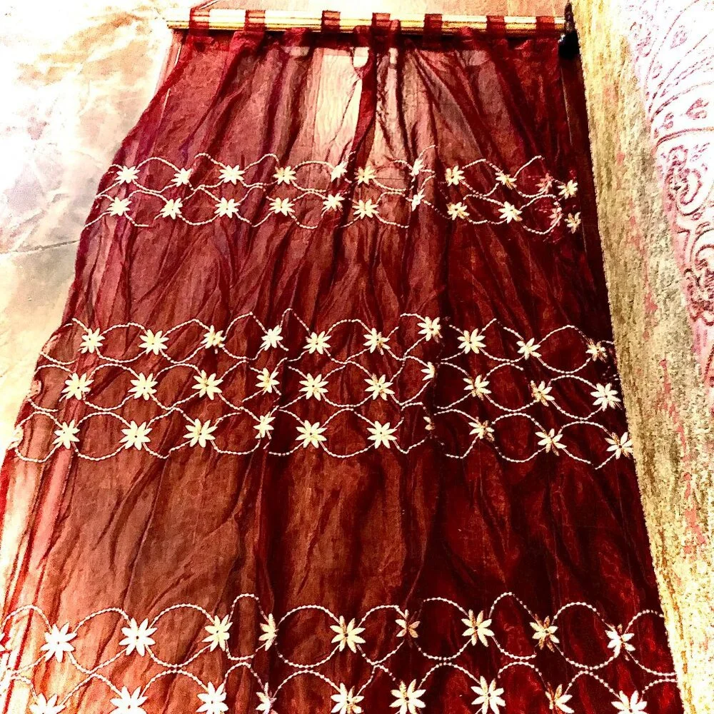 NWT ALEXANDRA'S ACCENTS Boho Embroidered Sheers Drapery Panels Burg\Gold 84x58